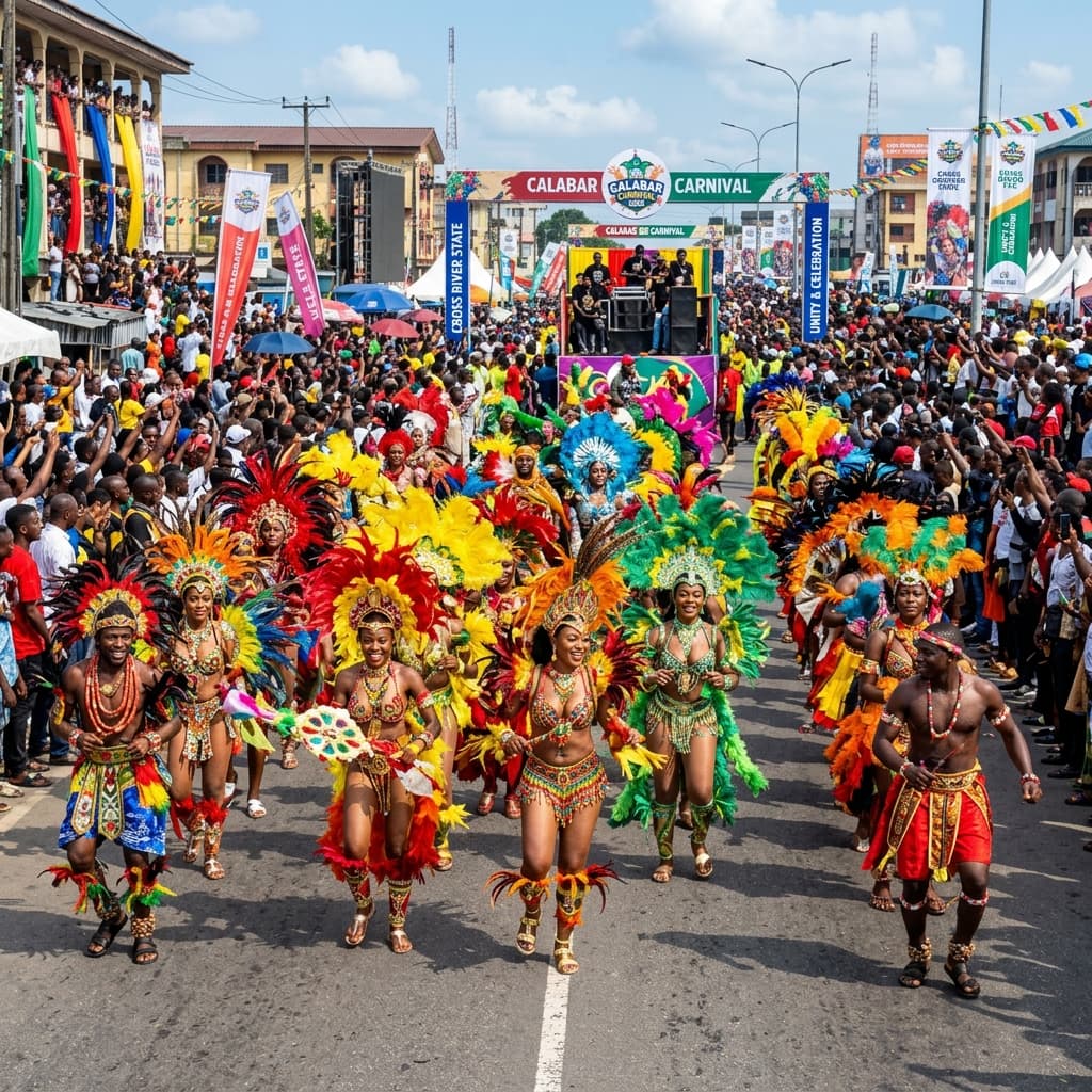 Dancers in vibrant, colorful costumes on the streets of Calabar