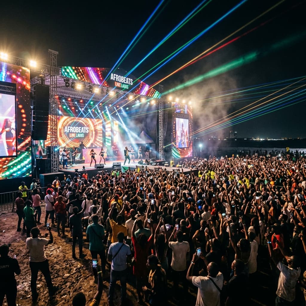 A massive outdoor Afrobeats concert with bright lighting and lasers