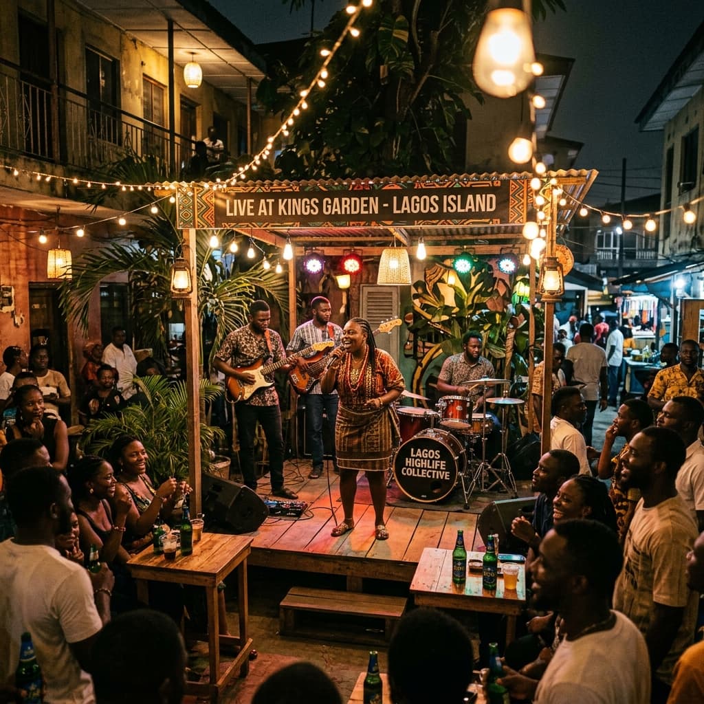 A local band performing at an intimate outdoor stage with string lights