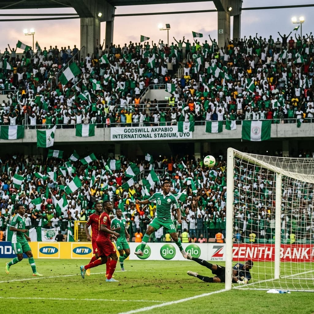 A football stadium filled with cheering fans waving green and white flags